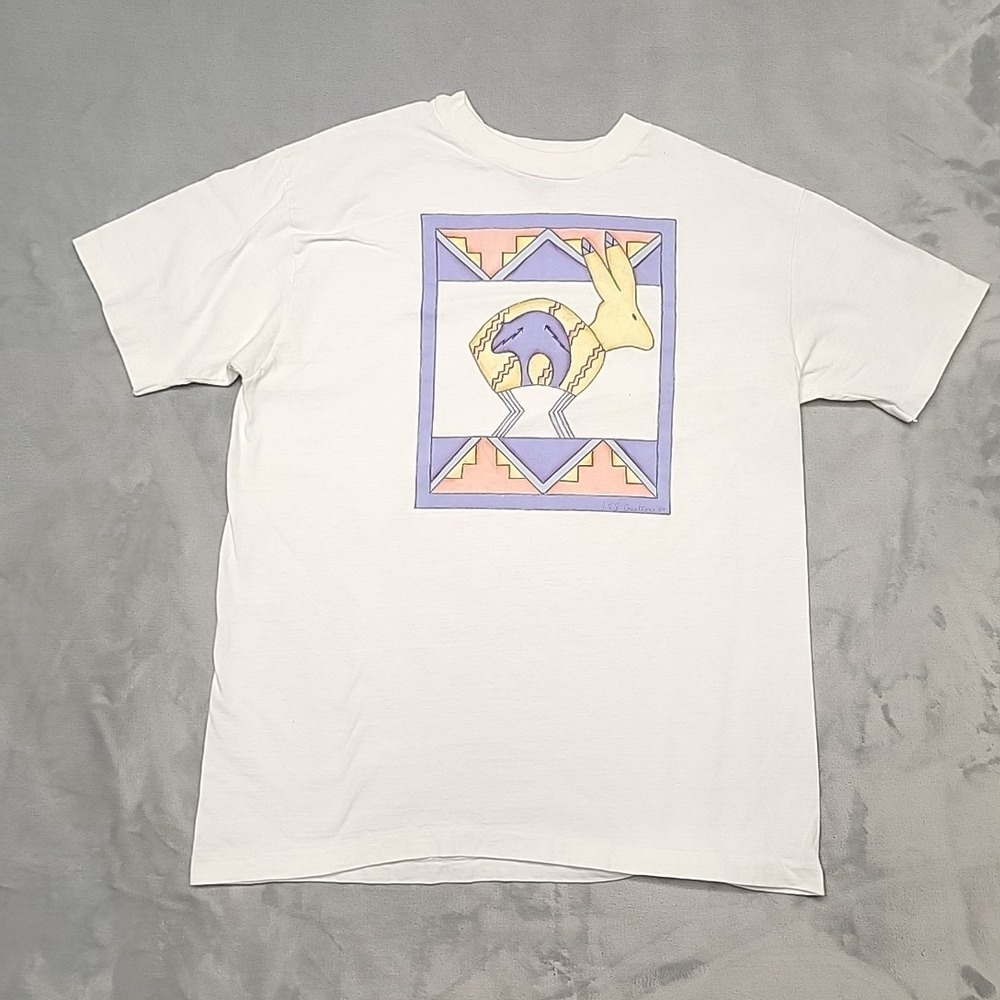 VTG Aztec Bunny Shirt Mens L White Single Stitch 80s Southwest Art Made In USA